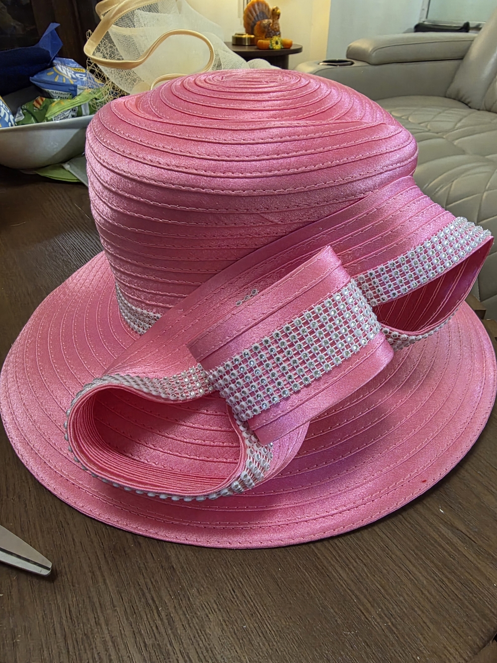 Elegant Pink Women's Church Hat with Rhinestone Bow